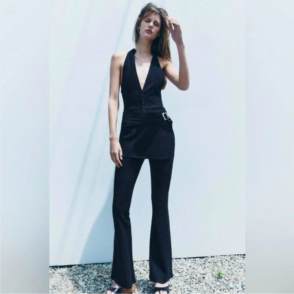 Zara Linen Blend Halter Jumpsuit with Skirt